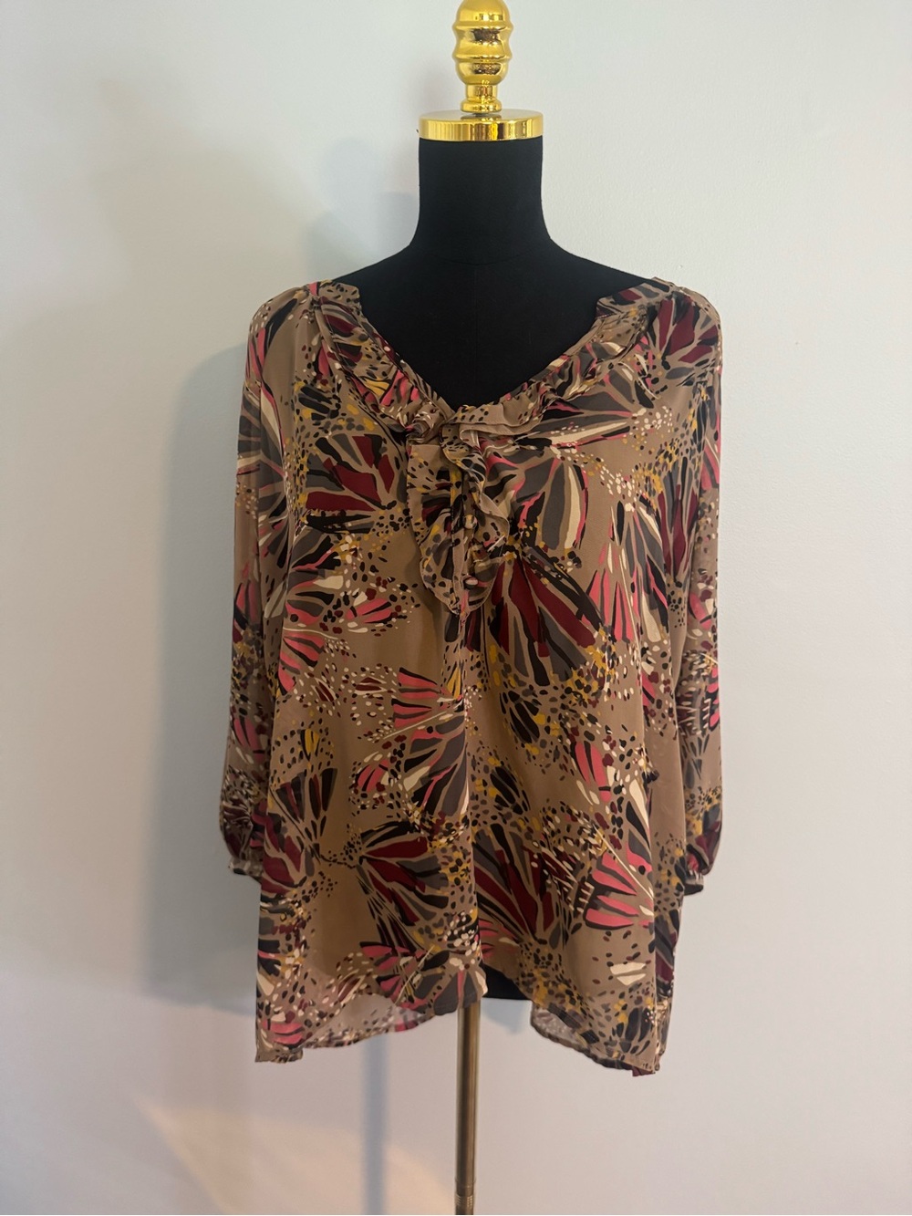 Elle Semi Sheer Butterfly Wing Abstract Print in Pink and Brown Size Medium